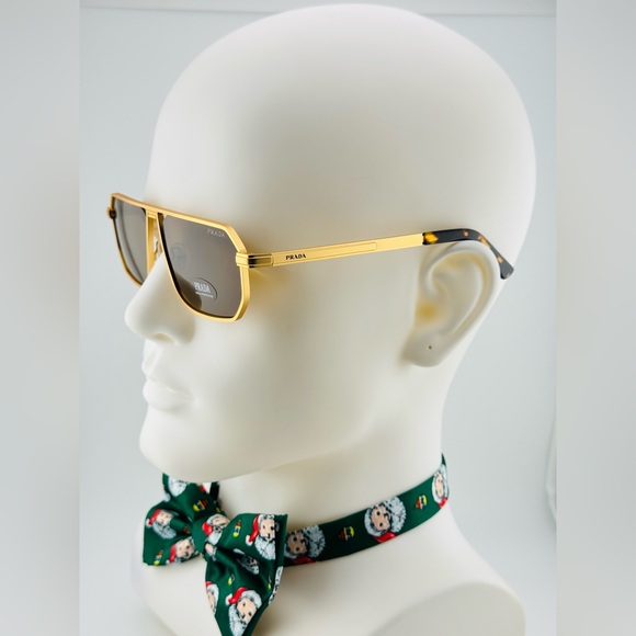 Prada Sunglasses PRA53S Iconic metal plaque Opaque Gold Frame brown lenses - Picture 4 of 15